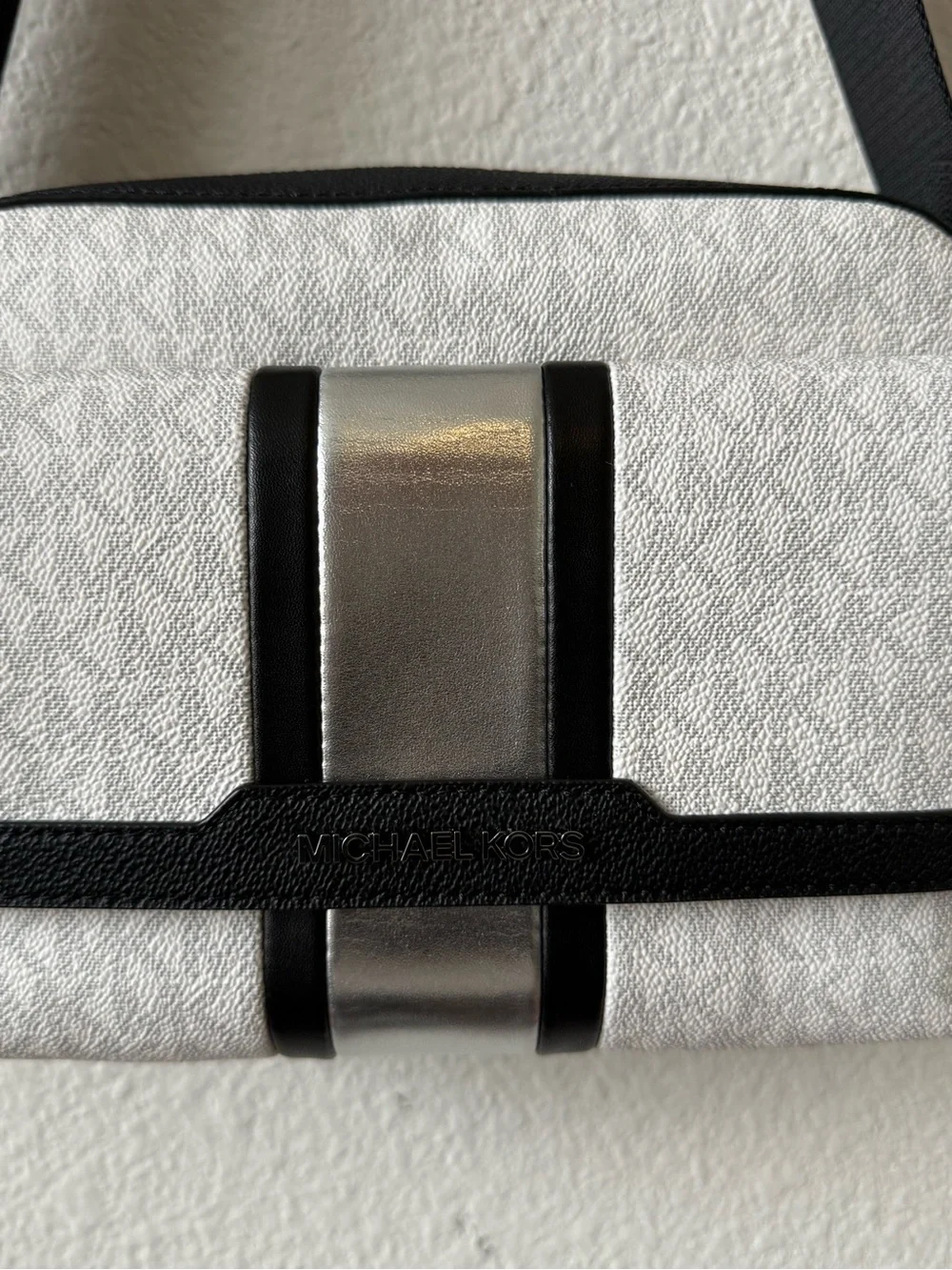 Michael Kors White Logo Crossbody with Black Trim and Silver Accent